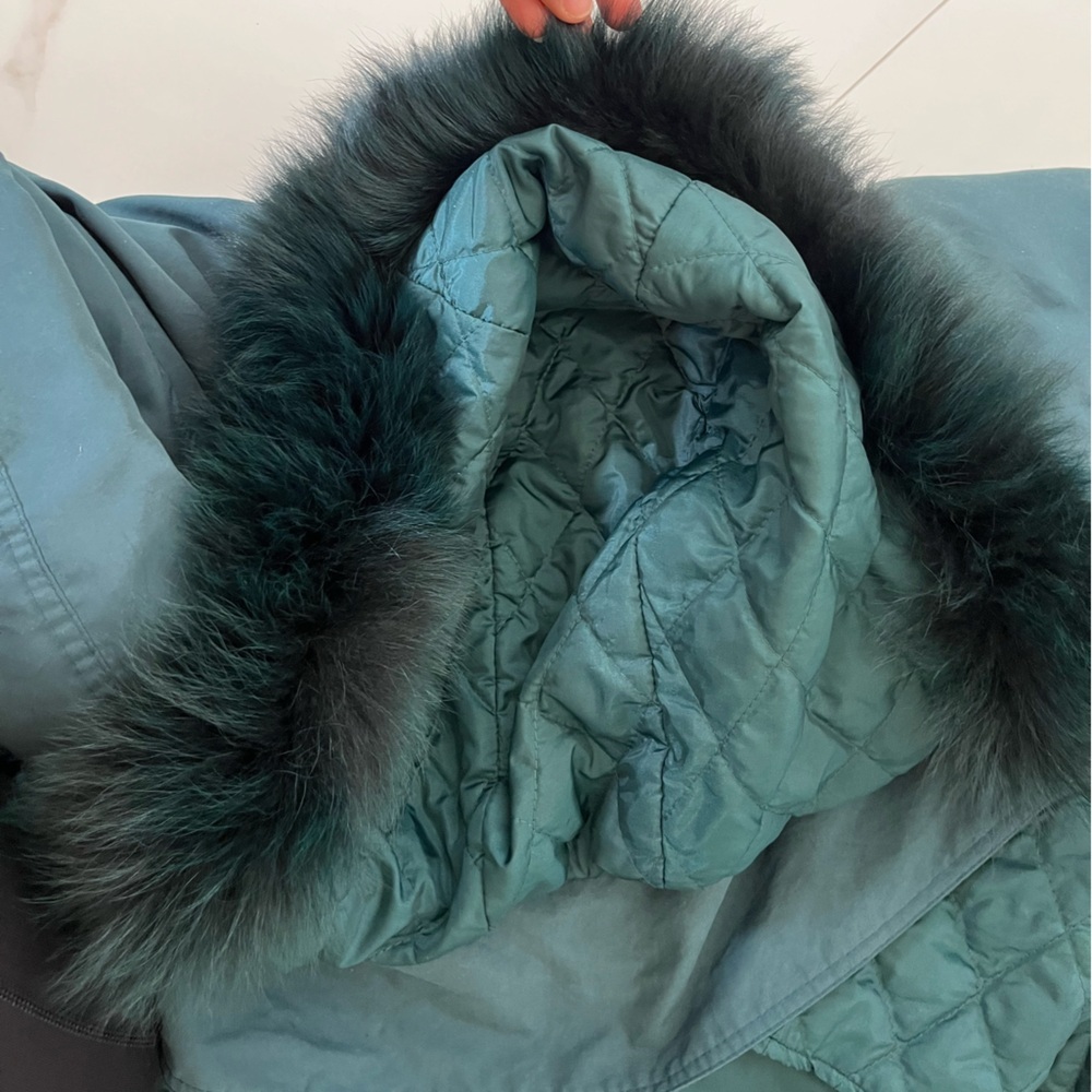 Teal green Long Hooded Coat with detachable Fur Trim - Picture 10 of 11
